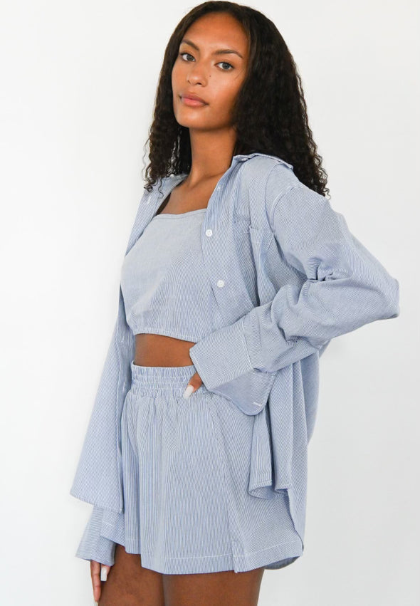 The Everyday Boyfriend Shirt - Navy Blue Pinstripe