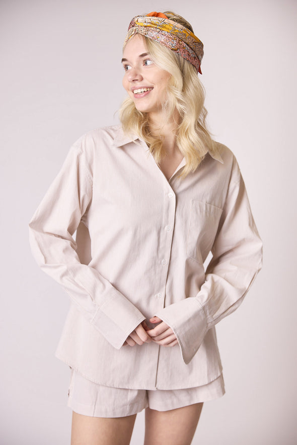 The Everyday Boyfriend Shirt - Beige Pinstripe