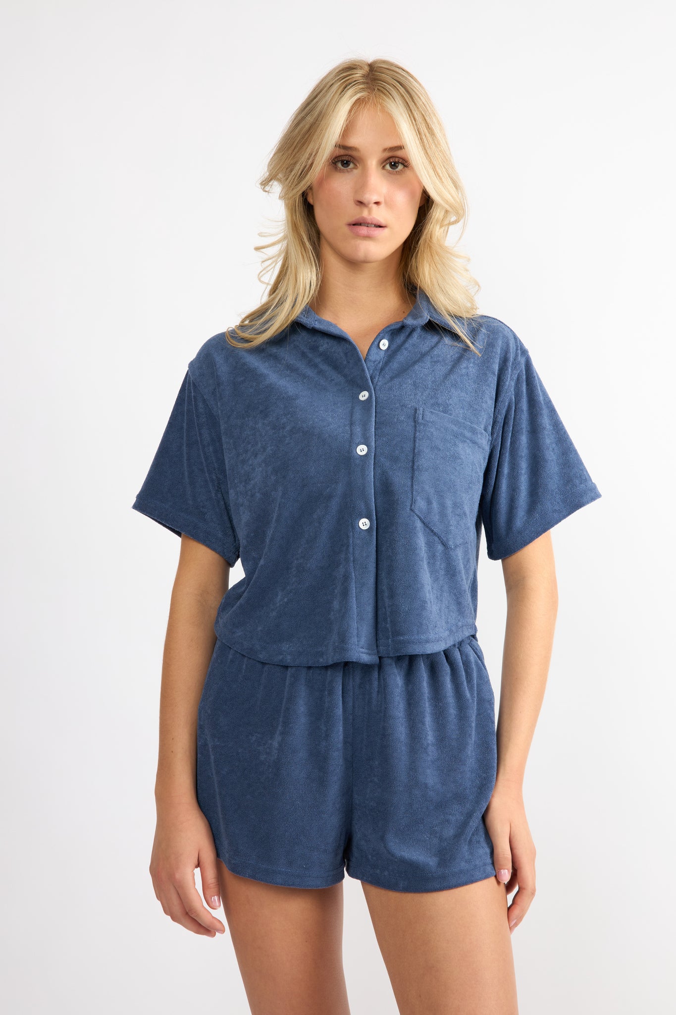 【MARITHE】 WOMAN TERRY SET-UP‐NAVY Matching Terry Set Shorts Navy | viens avec moi – Viens Avec Moi