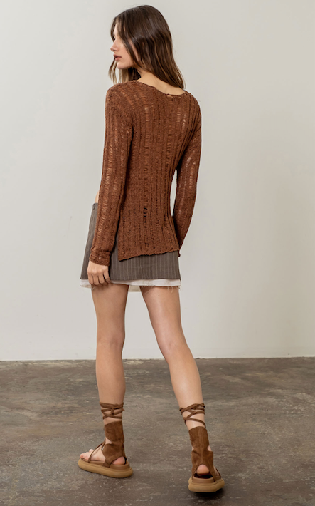 Asymmetrical Long Sleeve Knitted Top - Brown