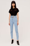 The Josephine High Waist Pant from For Love & Lemons is a western inspired blue jean with removable tonal belt and contrast metal buttons.