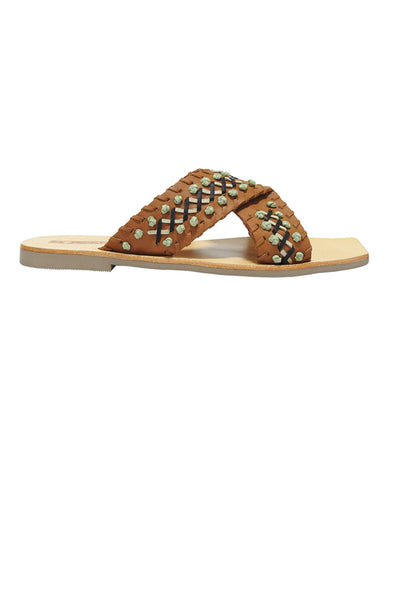 The Julian Slide by Sol Sana in tan stitch. An elevate slide in a tan leather with black and grey leather stitching.