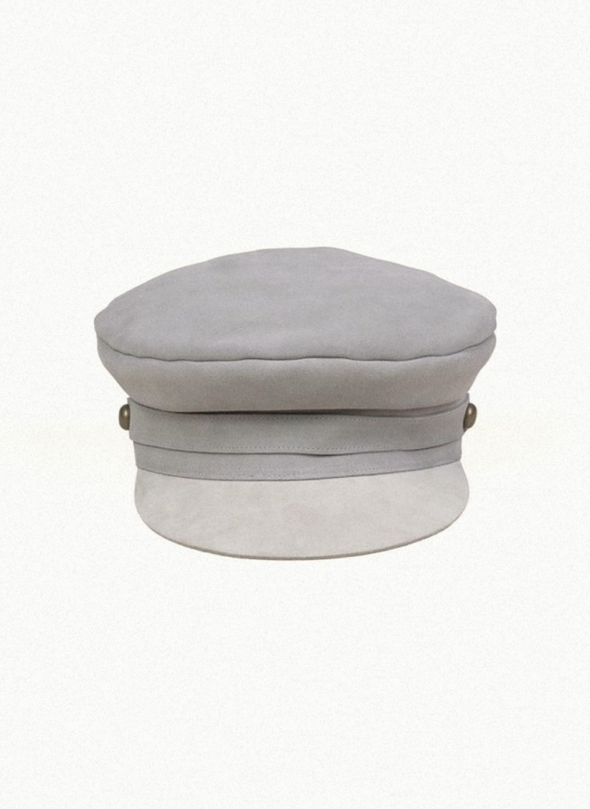 Fun grey suede fat from Lack of Color has a tight fit and unique shape with brass button details.