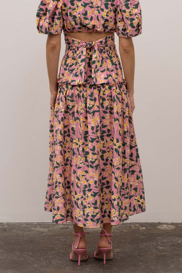 Floral Print Shirred Ruffle Midi Skirt