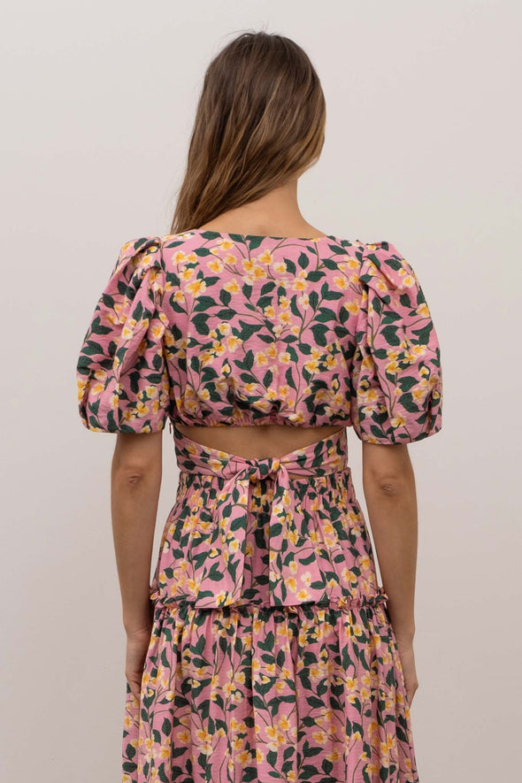 Floral Print Square Neck Pleated Ruffled Puff Sleeve