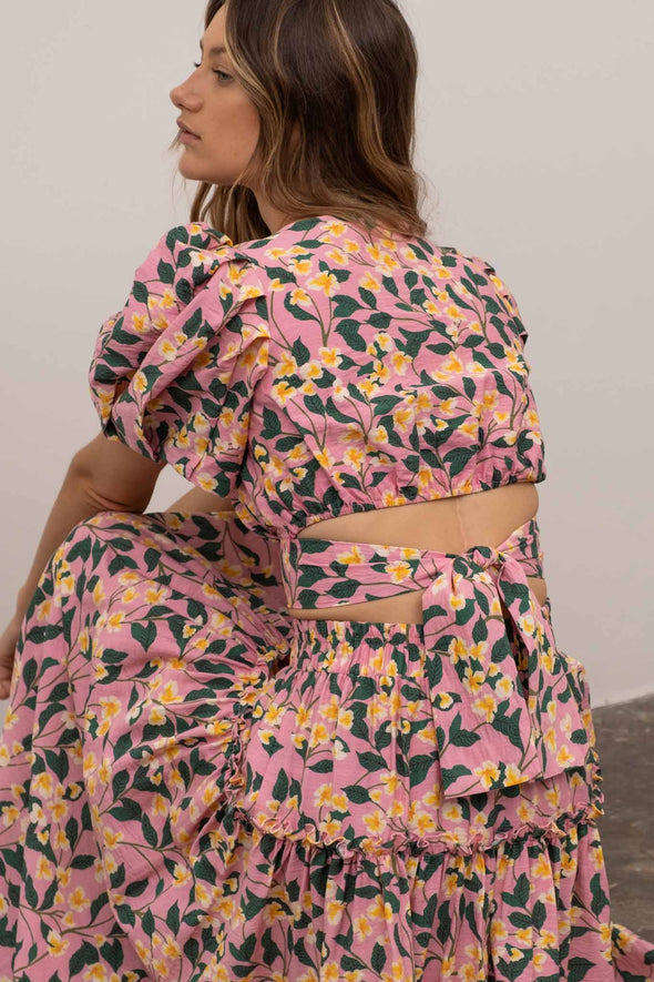 Floral Print Shirred Ruffle Midi Skirt