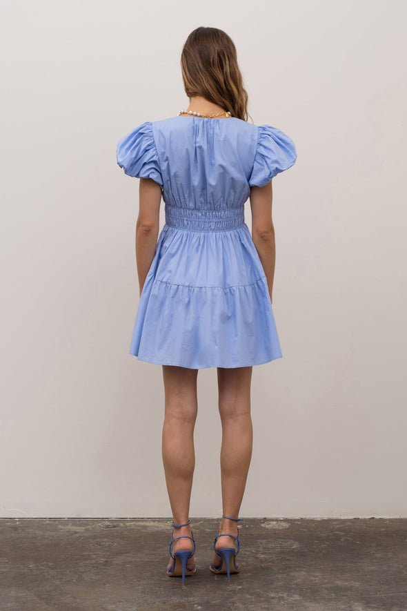 Short Bubble Sleeve Shirred Tiered Mini Dress
