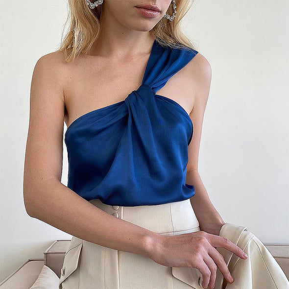 One Shoulder Satin Top - Comes in Black and Blue