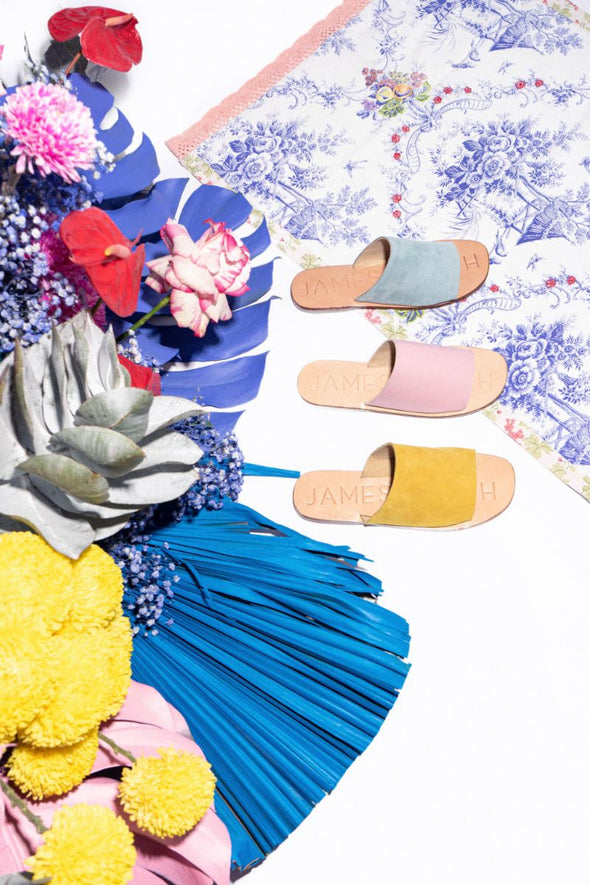 The Off Duty Slide from James Smith is the perfect pool side sandal. Vibrant colours and soft leather or suede slide.
