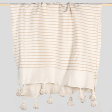 Moroccan Pom Pom Blanket - Beige Striped